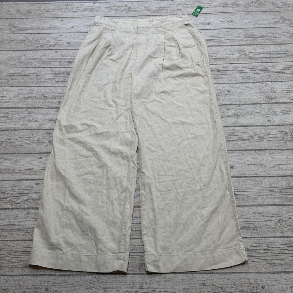 NEW Gap Pants Women's 14 Beige Wide Leg Pleated Linen Baggy High Rise Trousers